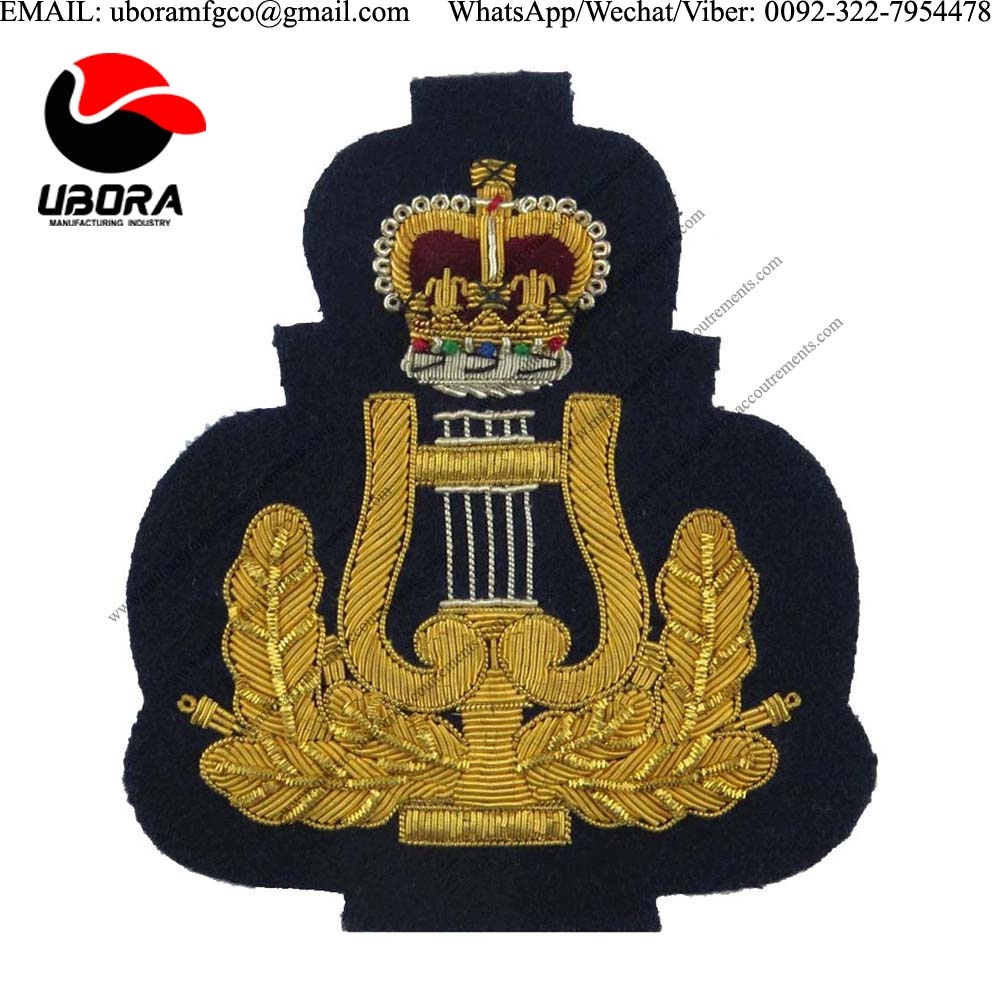 military motif Hand embroidery badges RAF Band - Lyre & Crown - Large - Bandmaster - Rare Gold On 